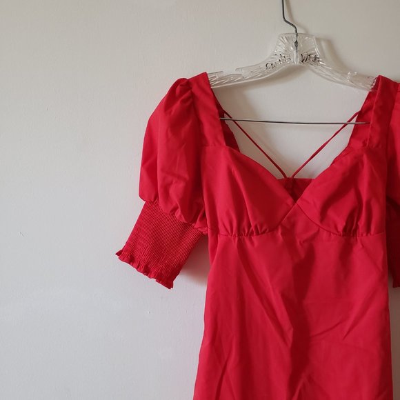 NWOT Red Puffed Sleeve Strappy Cutout Fitted Dress Small - Picture 2 of 5